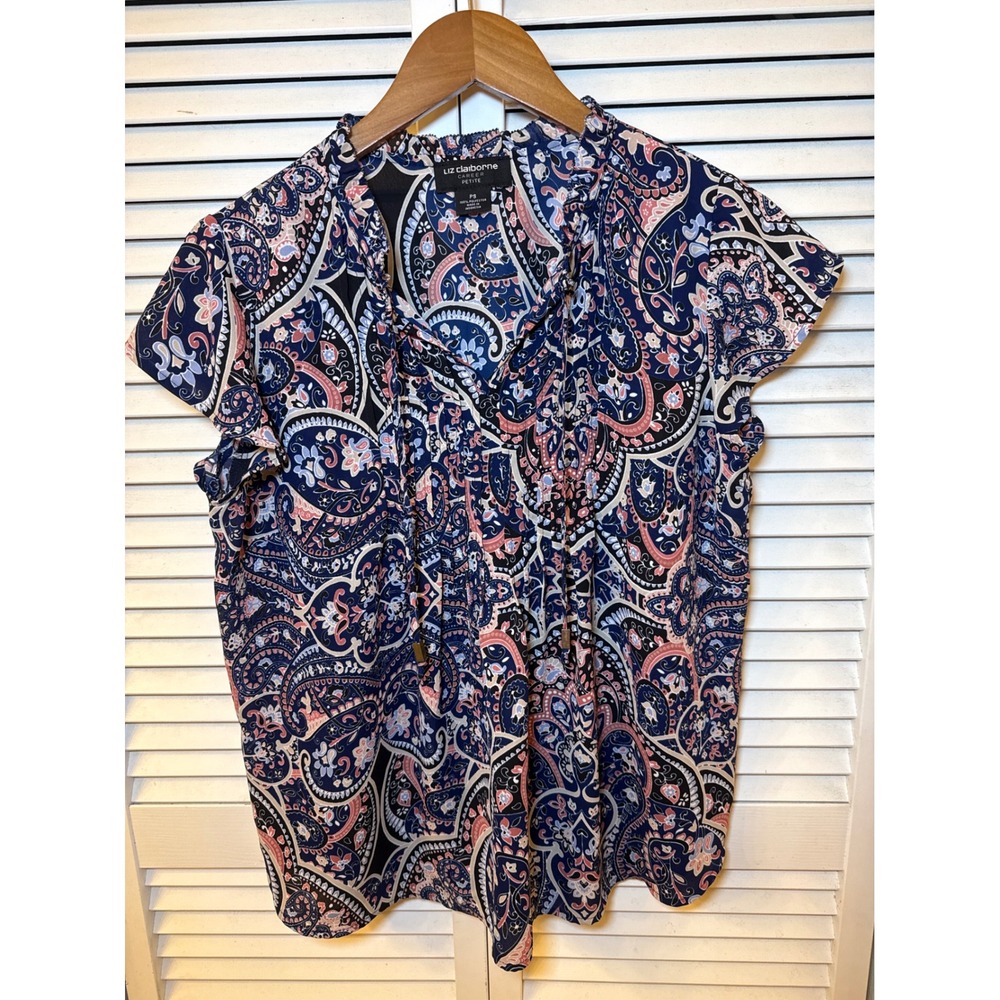 Liz Claiborne Career Petite Paisley Blouse Navy Pink Cap Sleeve Tie Neck PS